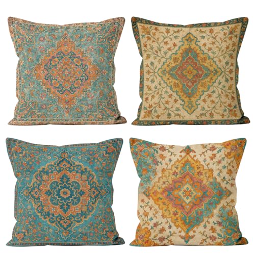 Vintage Boho Mandala Throw Pillow Covers 18x18 Set of 4, Floral Ornate Carpet Decorative Pillowcover for Couch Sofa Livingroom Outdoor Home Decor - color: Vintage Boho Mandala