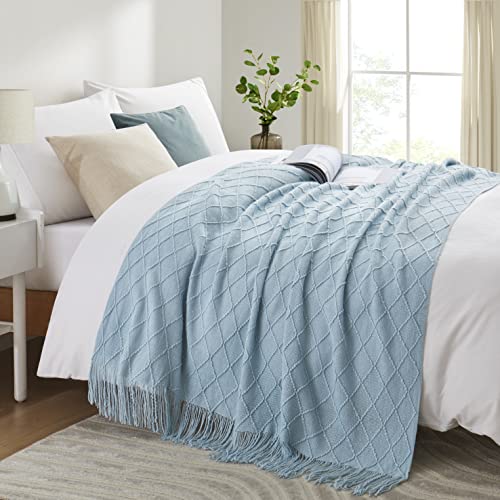 Acrylic Knitted Throw Blanket, Lightweight and Soft Cozy Decorative Woven Blanket with Tassels for Couch, Bed, Sofa, Travel, Suitable for All Seasons, 50 x 60 Inches, Light Blue - color: Light Blue