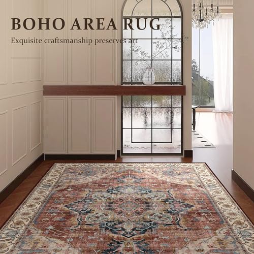 Deerly Vintage Area Rug 5x7 Boho Washable Rug for Living Room Bedroom Non Slip Low Pile 5x7 Rug for Kitchen Entryway Bedroom Dining Room Office, Brickred/Multi - color: Brickred & Multi, size: 5' x 7' (Rectangular)