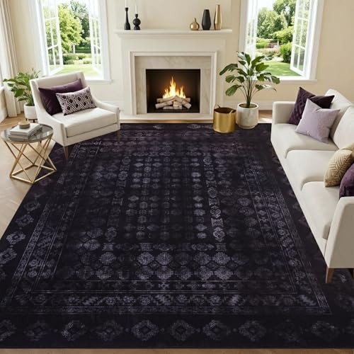 Washable Area Rug 8x10, Large Boho Living Room Rug, Thin Vintage Rugs for Bedroom,Non-Slip Rubber Backing Retro Floral Carpet Print Distressed Accent Rugs for Dining Room Home Office-Dark Black,8'x10' - color: Dark Black, size: 8' x 10' (Rectangular)