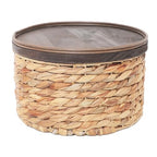 Small Water Hyacinth Storage Basket with Wooden Lid, 7.45" D x 4.1" H Handwoven Round Organizer for Bathroom Vanity, Desk Drawer & Countertop (Small) - size: Small