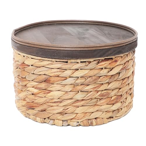 Small Water Hyacinth Storage Basket with Wooden Lid, 7.45" D x 4.1" H Handwoven Round Organizer for Bathroom Vanity, Desk Drawer & Countertop (Small) - size: Small