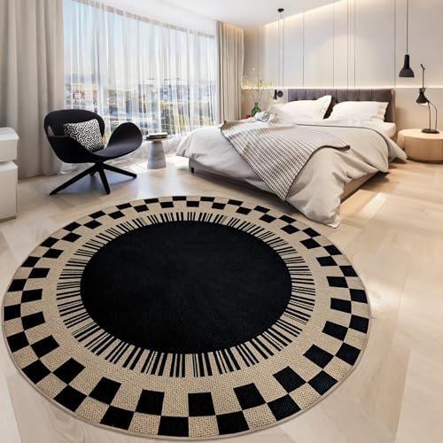 Easy Jute Checkered Rug, 6Ft Round Modern Indoor Outdoor Farmhouse Carpet, Washable Non-Slip Thin Neutral Floor Mat for Living Room Patio Kids Pets Room Playroom Home Office Kitchen, Black - color: Black Checker, size: 6'