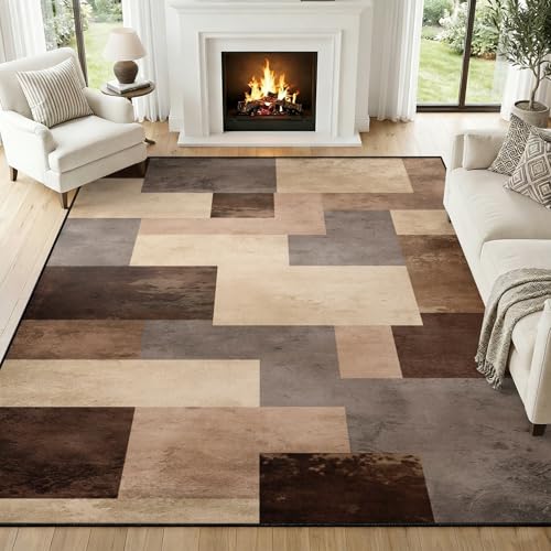 Modern Abstract Geometric Area Rug 2x3ft Brown Beige Gray Patchwork Rugs, Vintage Minimalist Rugs Washable Low-Pile Rug for Living Room Bedroom Modern Farmhouse Decor - color: Abstract Geometric, size: 2' x 3' (Rectangular)