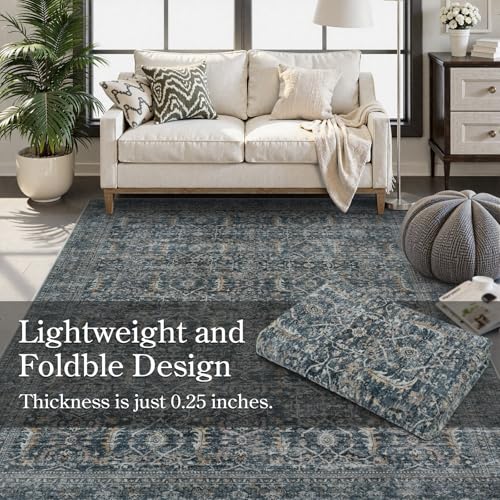 Collive Washable Area Rug 6x9, Large Vintgae Distressed Rugs for Living Room Soft Rugs for Bedroom, Non Slip Ultra-Thin Dining Room Floor Carpet for Entryway Kitchen Office - Blue/Grey - color: Blue/Grey, size: 6' x 9' (Rectangular)