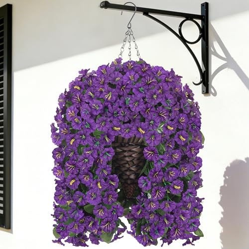 Artificial Fake Flowers Plants Hanging Baskets Outdoor Outside Spring Decor, Faux Silk Purple UV Resistant Look Real Morning Glory Home Patio Porch Balcony Decoration - color: Purple