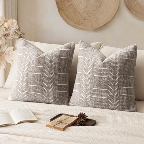 Home Décor Decorative Boho Accent Chenille Throw Pillow Covers,Textured Neutral Cushion Covers,Soft Farmhouse Pillowcase for Couch Sofa Chair Bed Living Room,18×18 Inch, Set of 2, Light Taupe - color: Plaza Taupe, size: 18" x 18" (Pack of 2)