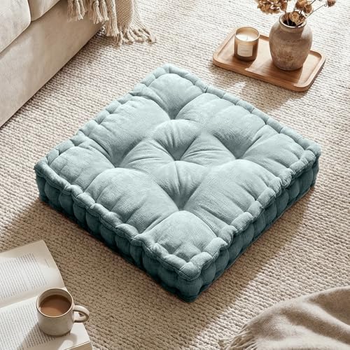 Intelligent Design Floor Pillow - Shredded Foam Filled Meditation & Yoga Cushion, Chenille Tufted, Handsewn Scalloped Edge, Oeko-TEX Certified, Azza, 20" x 20" x 5" Aqua - color: Aqua