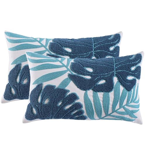 Embroidered Throw Pillow Covers 12x20 Pack of 2 Blue Botanical Tropical Leaf Pillow Covers Beach Ocean-Themed Decorative Cushions Case Farmhouse Boho Plant Tufted Pillowcases for Summer - color: Blue Tropical Leaf, size: 20" x 12" (Pack of 2)