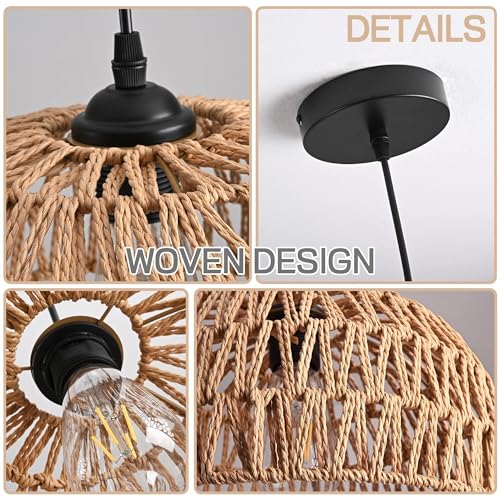 Hemp Rope Woven Pendant Light Woven Light Fixture Boho Chandelier Light Fixture Wicker Pendant Lights Rattan Lights Pendant Dome Wicker Chandelier for Dining Room Kitchen Island(Bulb Incl. - color: 12.2" Natural