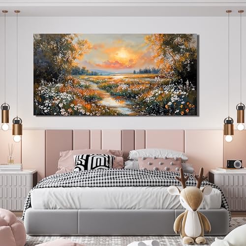 Canvas Wall Art Decor Vintage Wildflower Wall Art Prints Canvas Wall Art for Living Room Nature Landscape Art Work for Wall Decor River Sunset Artwork for Walls Bedroom Office Wall Art Decor 20" X 40" - color: XY-T, size: 40"L x 20"W