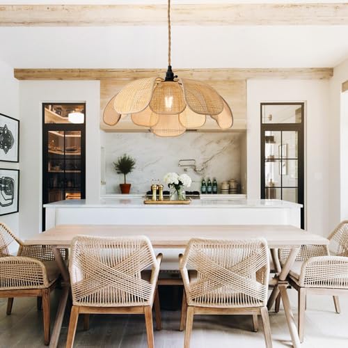 20 Inch Boho Flower Chandeliers for Dining Room Farmhouse Rattan Pendant Lights Girl Chandelier Hand Woven Bedroom Light Fixture Dimmable Plug in Hanging Lamp for Kitchen Island - size: 20 Inch Plug In