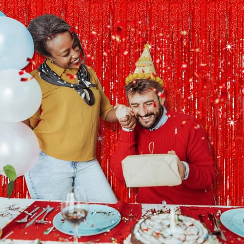 3 Pack Red Streamers Party Backdrop Christmas Decorations Foil Fringe Backdrop Curtains Carnival Casino Theme Birthday New Year Holiday Celebration Bachelorette Party Decorations Supplies - color: Red