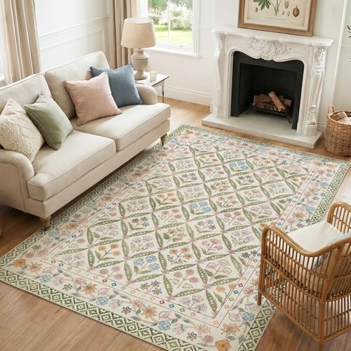 jinchan Haden 5x7 Vintage Floral Area Rug for Living Room Bedroom Soft Non-Slip Low Pile Washable Cottage Decor Dining Room Home Office Girls Dorm Carpet Sage Green - color: Sage Green, size: 5' x 7' (Rectangular)