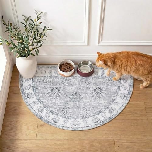 jinchan Fiora Washable Small Area Rug, 2x3 Half Circle Floral Entryway Rug, Low Pile Half Moon Doormat Soft Non Slip Dirt Trapping Carpet for High Traffic Kitchen Bathroom Vanity, Distressed Grey - color: Distressed Grey, size: 1'9" x 3' (Semicircular)