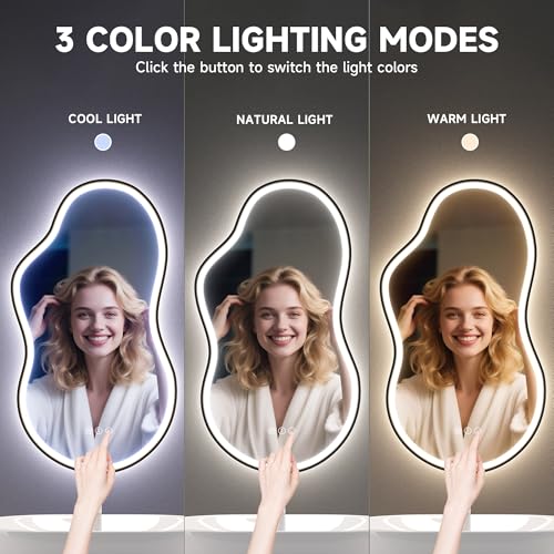 Hasipu Irregular Bathroom Mirror with Lights - 35"x20" LED Asymmetrical Mirror,Anti-Fog, Dimmable, Memory for Bathroom, Bedroom,Wall Mounted Home Decor Vertical/Horizontal - color: Black, size: 35.4"L x 19.7"W