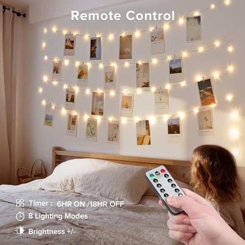JMEXSUSS Photo Clips String Light, 33Ft 100LED Fairy Lights Plug in with 50 Clips ＆ Remote for Pictures, 8 Modes Twinkle Lights for Bedroom Dorm Wall Birthday Christmas Wedding Party Decor
