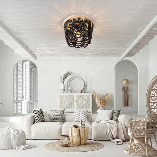 Bohemian Lighting Bohemian Chandelier Handmade Beaded Chandelier Vintage Hemp Rope Woven Ceiling Lighting 3 Lights Wood Bead Chandelier Nursery Lighting Bedroom Ceiling Light (Black) - color: Black