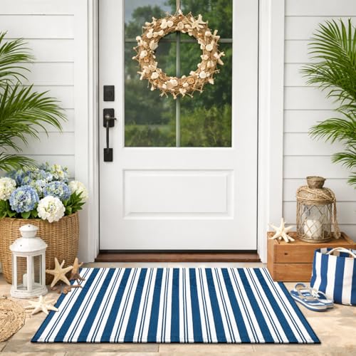 Moucuny Navy Blue and White Striped Outdoor Rug, 2' x 3' Nautical Beach Front Porch Rug Navigation Welcome Layering Doormat for Entryway Entrance Patio Decor - color: Steel Blue and White, size: 2' X 3', style: Vertical Stripe