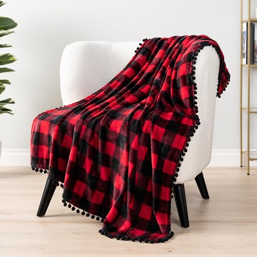 PAVILIA Black Red Fleece Throw Blanket for Couch with Pom Pom Fringe, Buffalo Checkered Plaid, Soft Cozy Fuzzy Flannel Blanket for Sofa Bed, Lightweight Plush All Season Throw, 50x60 Inches - color: Checkered Red, size: 50"x60"