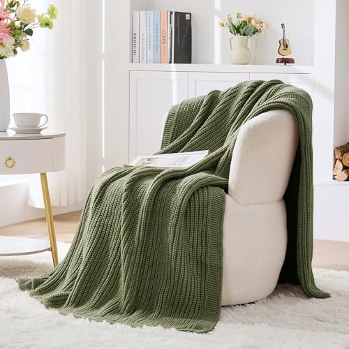 Chunky Knit Olive Green Throw Blanket 50"x60",Soft Cozy Thick Knitted Blanket for Couch Sofa Bed,Fisherman Cable Knit Cute Decorative Throw for Living Room - color: Olive Green, size: 50"x 60"