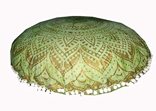 Mandala Barmeri Large Floor Pillow Cover Cushion Meditation Seating Ottoman Throw Cover Hippie Decorative Zipped Bohemian Pouf Ottoman Poufs, Pom Pom Pillow Cases Blue Gold Trishol, 32 inch Round - color: Green Gold, size: 32" Round