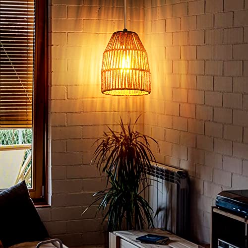 Plug in Pendant Light, Hanging Lights with 15ft Golden Cotton Cord & Stepless Dimming Switch, Handwoven Hemp Rope Lampshade, Boho Hanging Lamp for Bedroom,Hallway (Bulb & 2 Swag Hooks Included) - color: Rattan 7.1"
