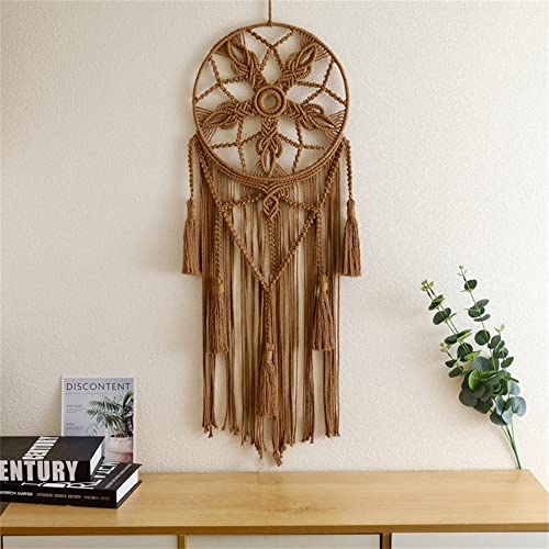 Dream Catcher Tapestry Boho Macrame Cotton Woven Handmade Bohemian Art with Tassel Craft Ornament for Bedroom Living Room Apartment Nursery 12x32 Inch - color: Brown