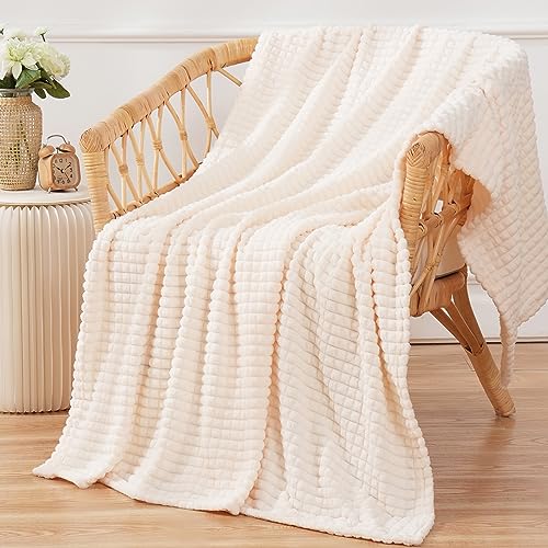 Puncuntex Flannel Fleece Throw Blanket Cream White 50"×60",Super Soft Plush Cozy Blanket with 3D Jacquard Square Grid Design Luxury for Couch Sofa Chair - color: Cream White, size: 50"×60"