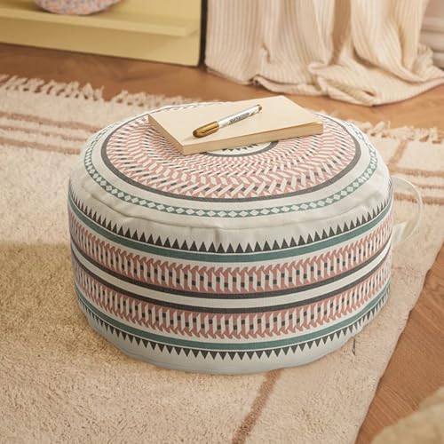 MOCOFO Round Geometric Pattern Pouf Cover with Zipper 18"x18"x8" Storage Canvas Ottoman Seat Footrest for Living Room Bedroom Kids Room Pastel Home Decor - color: Pink/Green