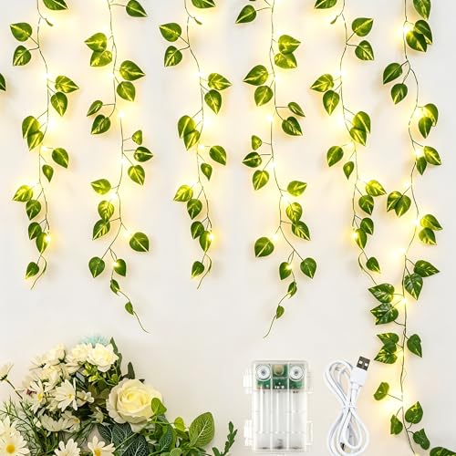 YOUNGAR Pothos Vines with Fairy Lights,Leaf String Warm White Lights Battery/USB Operated,23FT 73LED Fake for Bedroom Wall Room Wedding Birthday Garden Party Wall Room Decor - color: Pothos (Warm White), size: 73 LED-USB/Battery-Copper Wire-1Pack