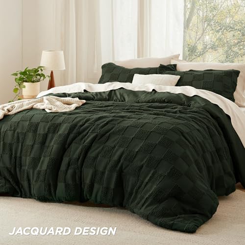 Bedsure Twin/Twin XL Size Comforter Set Dark Olive Green, Boho Tufted Bed Set, Checkered Farmhouse-Style Distressed Vintage Bedding, 2 Pieces, 1 Plaid Geometric Comforter and 1 Pillow Sham - color: 02 - Dark Olive Green - Tufted Checkboard, size: Twin/Twi