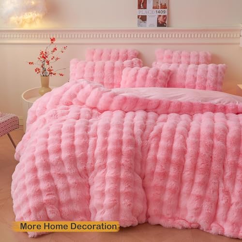 LIFEREVO Fluffy Faux Rabbit Fur Body Pillow Cover, Soft Cute Bubble Waffle Shaggy Plush Bed Body Pillowcase with Zipper Closure, Long 20"x54" Fuzzy Furry Pillow Case for Pregnancy Side Sleeper, Pink - color: Pink