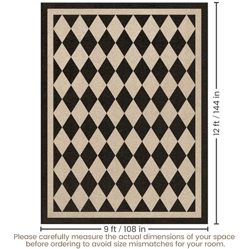 Washable Checkered Easy Jute Rug 9x12, Black Checkerboard Geometric Modern Outdoor Indoor Patio Large Rugs, Woven Thin Carpet Mat for Living Room Bedroom Classroom Nursery Play Room Backyard - color: Checkerboard -1 Black, size: 9' x 12'