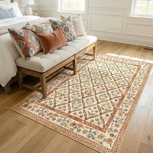 jinchan Haden 4x6 Floral Area Rug Vintage Cottage Decor Soft Non-Slip Low Pile Washable for Bedroom Dining Room Home Office Apartment Small Living Room Carpet Terracotta - color: Terracotta, size: 4' x 6' (Rectangular)