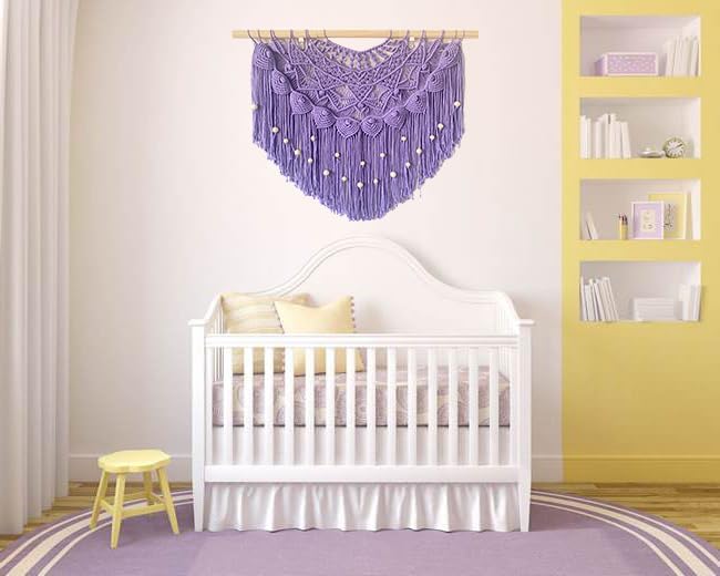 Youngeast Large Macrame Wall Hanging Boho Beaded Curtain for Window Macrame Bedroom Headboard Living Room Wall Art Tassel Tapestry Bohemian Woven Wall Decor 31" W X 25" H (Purple)