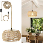 Rattan Boho Hanging Light,12.6'' Natural Hand Woven Fabric Drum Light,Plug Into Wall Outlet Pendant Light Fixture On/Off Switch for Dining,Living Room,Bedroom,Kitchen,Hallway Entryway, Without Bulb - size: 12.59'' x 6.49''