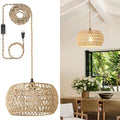 Rattan Boho Hanging Light,12.6'' Natural Hand Woven Fabric Drum Light,Plug Into Wall Outlet Pendant Light Fixture On/Off Switch for Dining,Living Room,Bedroom,Kitchen,Hallway Entryway, Without Bulb - size: 12.59'' x 6.49''