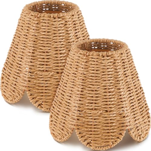 Glooglitter Small Clip-on Chandelier Rattan Lamps Set Shade Scalloped Lampshade 3"top x 6"bottom x 5-1/4"slant Height Empire Lamp Shade Chandelier or Accent Lamp(Paper Rope,Naturals,2 Pcs) - color: Naturals, size: Paper Rope