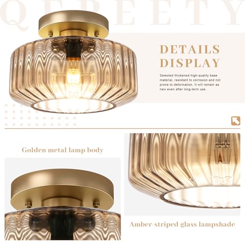 Amber Semi-Flush Mount Ceiling Light, Mid-Century Small Ceiling Light Fixture, E26 Base 1-Light Gold Ceiling Lamp for Kitchen Bathroom Hallway Bedroom Entryway - color: Small, 8.66" Amber
