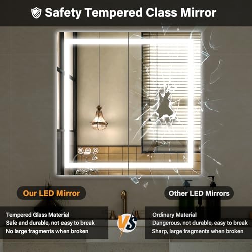 XRAMFY 40"x 40" LED Bathroom Mirror, Backlit + Front Lit, LED Bathroom Mirror with Lights for Wall, 3 Colors, Anti-Fog, Dimmable Brightness, Tempered Glass - size: 40"L x 40"W