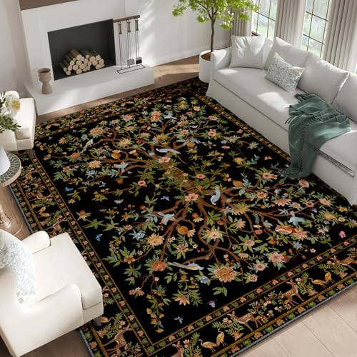 Black 6x9 Area Rugs, Machine Washable Non-Slip Rug, Boho Floral Botanical Soft Low Pile Throw Rugs for Living Room, Bedroom, Dining Room, Office - color: Black, size: 9' x 6' (Rectangular)