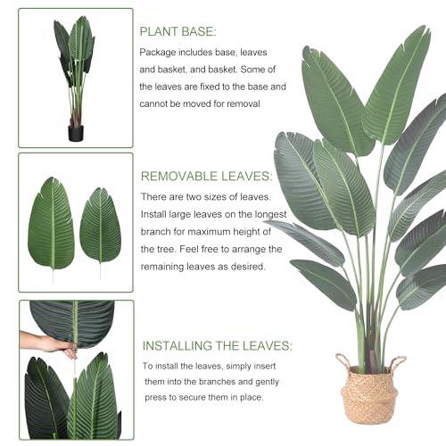 Ferrgoal 5ft Bird of Paradise Artificial Plant with 10 Trunks in Woven Seagrass Pot, Faux Tropical Tree for Indoor & Outdoor Home Décor, Green - size: 5ft