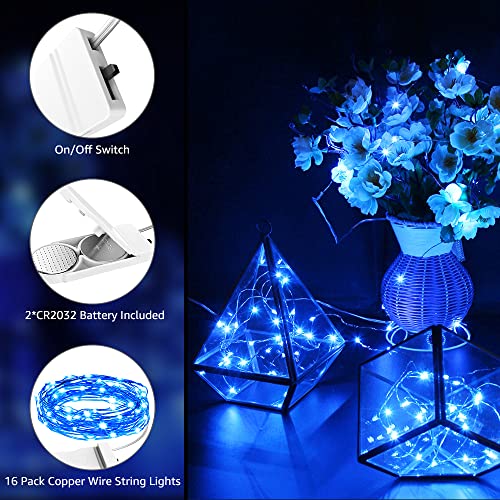 Olafus 16 Pack Blue Fairy Lights Battery Operated, IP68 Waterproof Mini String Light, 7ft Small LED Bottle Light for Wedding Vase Centerpieces Table Decorations Christmas Indoor Party Jars Gift - color: Blue