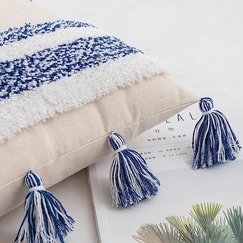 Boho Tufted Throw Pillow with Tassels, Country Thick Striped Style Soft Cushion Cover Decor wuth Zipper for Chair Bed Couch Living Room (Blue,12" x 20") - color: Blue, size: 12" x 20"