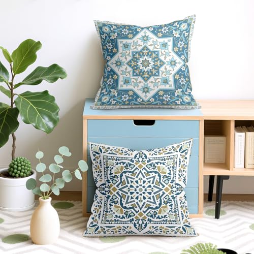 Boho Oriental Blue Mandala Floral Throw Pillow Covers 18x18 Inch Set of 4 Vintage Geometric Moroccan Flower Cushion Covers Home Decor for Couch Cushion Cases - color: Blue
