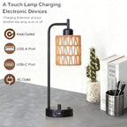 Rattan Table Lamps Set of 2, Boho Desk Lamps with USB Charging Ports and Outlet, Bohemian Bedside Lamps with Rattan & Linen Shade, Farmhouse Black Lamp for Living Room Bedroom Office