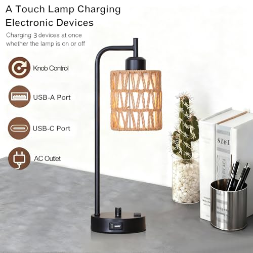 Rattan Table Lamps Set of 2, Boho Desk Lamps with USB Charging Ports and Outlet, Bohemian Bedside Lamps with Rattan & Linen Shade, Farmhouse Black Lamp for Living Room Bedroom Office