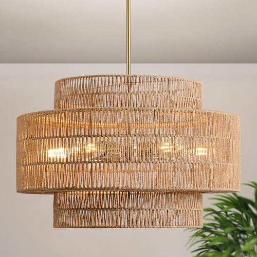24” Boho Large Rattan Chandelier Light Fixture,6-Light Large Hand Woven Pendant Light Fixture Farmhouse Rustic Chandeliers for Kitchen Bedroom, Dining Room, Living Room, Hallway, Foyer - color: Brown, size: 24" 6-Light