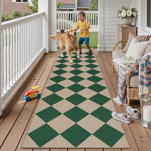 PureCozy 2x8 Checkered Easy Jute Runner Rug Non Slip Hallway Kitchen Washable Outdoor Rug for Entryway Indoor Checkerboard Green Long Indoor Outdoor Carpet for Bedside Entry Front Door Porch - color: Green|checkerboard-1, size: 2' x 8' (Runner)